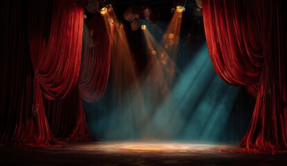 A dark theatrical stage, bathed in spotlights