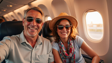 Happy travelers enjoying flight, wearing sunglasses and smiling, with scenic view outside airplane window