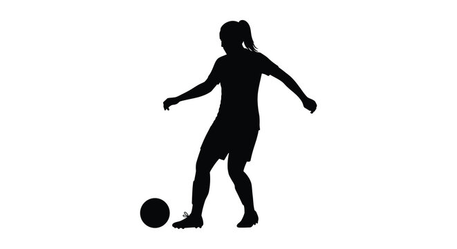 A dynamic female figure playing with a soccer ball silhouette