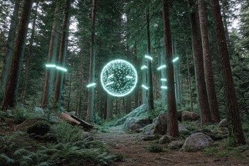 Luminous sphere in a forest path, glowing light trails