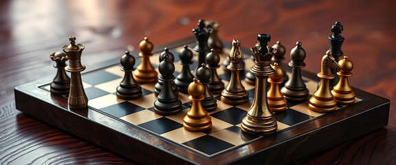 Intricate chessboard, pieces arranged mid-game, dark wood grain,   sharp,  chess pieces