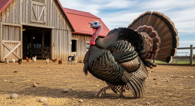 Majestic Turkey Displaying Feathers on Farm, Barn Backdrop, Rural Scene. - Powered by Adobe