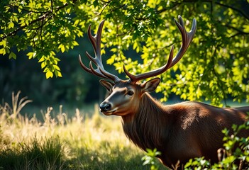 Majestic stag with antlers, dappled sunlight filtering through leaves,  light,  autumn