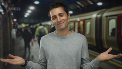 Young man with a casual shrug standing at a bustling train station indoors, with blurred commuters and train in the background, expressing uncertainty.