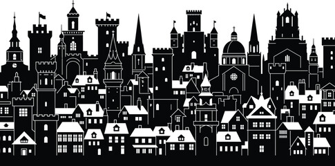 Medieval town silhouette with snowy rooftops, castles, churches, towers—black and white winter cityscape for architecture, history, and design themes