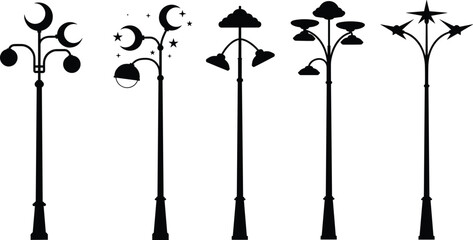 Creative decorative street lamp post designs, crescent moon and star lamps, artistic outdoor lighting, urban night illumination, architectural city elements