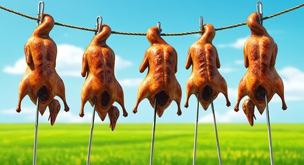 Roasted ducklings hanging against a green field and blue sky background