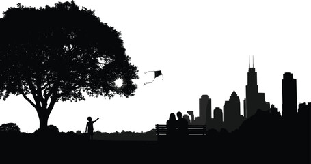 Fototapeta premium Silhouette of child flying kite near bench with people and city skyline in peaceful urban park with tree and birds.