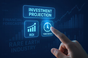 Businessman finger pointing investment projection hologram displaying rare earth industry analytics with digital interface technology