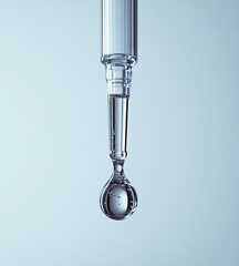 Close-up of a clear liquid droplet hanging from a glass dropper