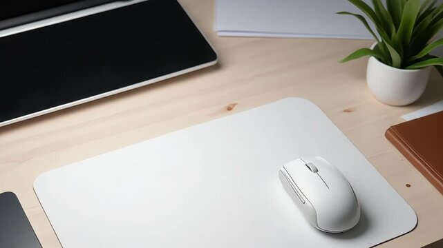 Minimalist workspace setup featuring a wireless mouse on a white mousepad on wood desk