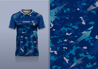 T-shirt mockup with abstract camouflage pattern jersey design for football, soccer, racing, esports, running, in blue color © Nimpuna O