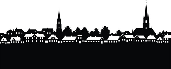 Traditional European village skyline silhouette with church steeples, historic buildings, trees, black and white townscape for cultural architecture themes