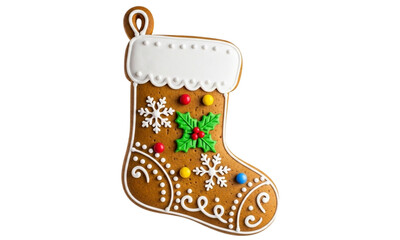 Festive christmas stocking gingerbread cookie isolated on transparent background