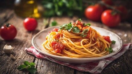 A plate of spaghetti topped with a rich tomato sauce, garnished with fresh herbs, sits on a rustic wooden table.  Fresh tomatoes and garlic are visible beside it