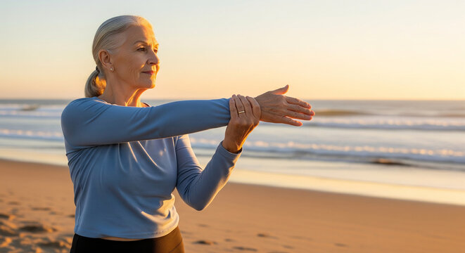 Senior woman stretching her arm on the beach at sunrise, enjoying an active and healthy retirement lifestyle with morning fitness - Powered by Adobe