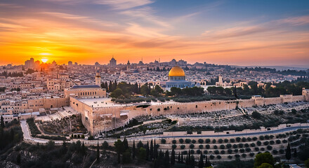 Fototapeta premium Golden dome of the rock illuminated by a vibrant sunset over jerusalem