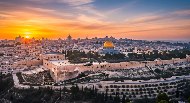 Golden dome of the rock illuminated by a vibrant sunset over jerusalem