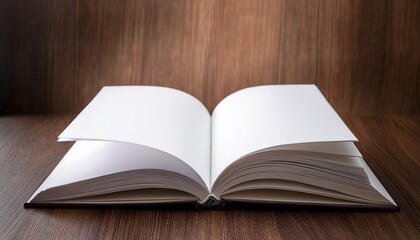open book with blank pages on wooden table for mockup use