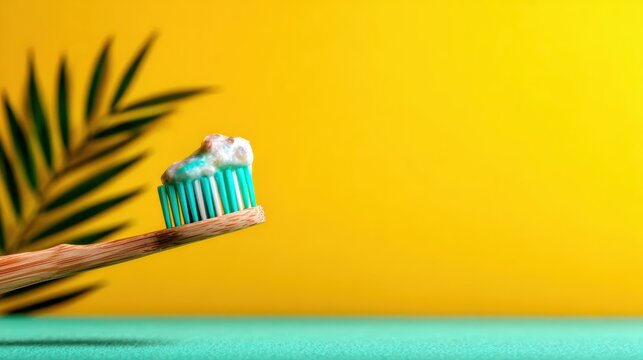 A colorful toothbrush topped with a dollop of toothpaste stands against a bright yellow backdrop, promoting oral hygiene and adding a cheerful touch to everyday routines.