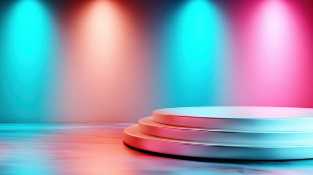 A futuristic stage featuring soft circular platforms and vibrant colored lights producing an atmosphere ready for artistic performances or presentations in a contemporary space.