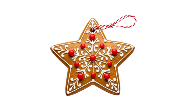 Gingerbread star cookie isolated on transparent background, decorated with icing and red candy balls