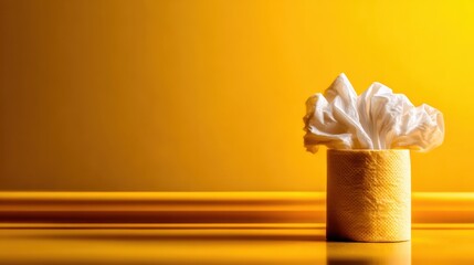A simple yet elegant presentation of crumpled tissue paper in a vibrant yellow holder showcases minimalism, practical design, and everyday utility.