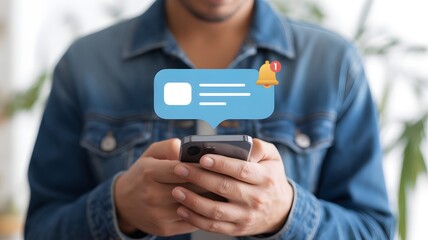 New notification concept. Man using smartphone with notification messages, incoming message reminders.