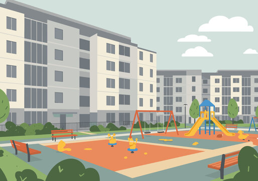 Children playing in urban playground apartment complex residential area wide angle community engagement