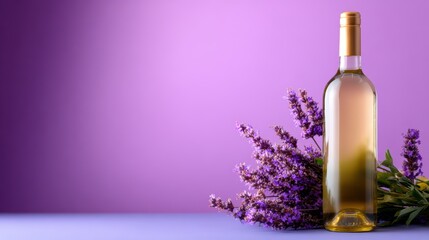 A sophisticated and stylish arrangement featuring a bottle of white wine accompanied by fresh lavender flowers, embodying the essence of relaxation and leisure.