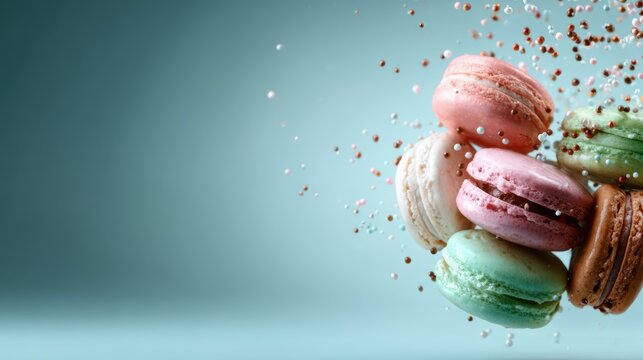 A collection of beautifully arranged macarons in pastel colors, surrounded by colorful sprinkles, showcasing the elegance and delight of gourmet confections. - Powered by Adobe