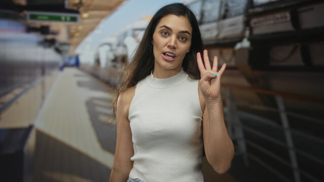 Young hispanic woman in white sleeveless top holds up four fingers and speaks while standing by ship railing on a deck street set with walkway; surprise counting.