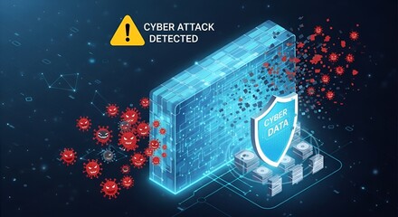 Cyber attack detected with virus icons and a shield protecting data from the digital threat online