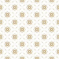 Fototapeta na wymiar Luxury golden minimal floral background. Vector geometric seamless pattern with dots, diamonds, flowers, grid. Elegant gold and white abstract ornament in oriental style. Repeated modern geo design