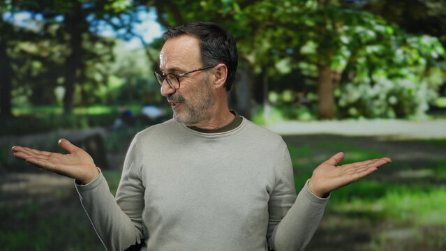 Hispanic man in casual attire displays open palms in a serene park setting under lush green trees, expressing thoughtfulness and leisure outdoors. - Powered by Adobe