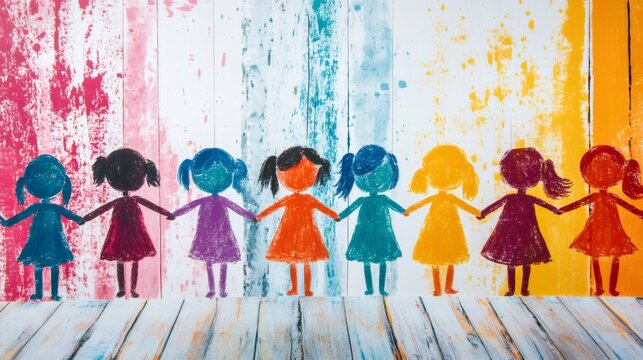 Naklejki Colorful children holding hands promoting diversity and inclusion