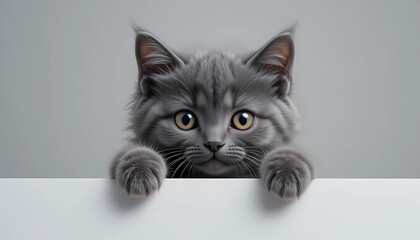 Cute gray kitten peeking over a white surface with adorable eyes and fluffy fur isolated on white background