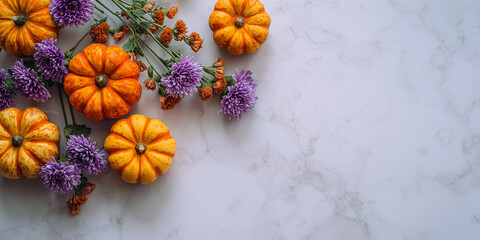 Autumn Pumpkins and Chrysanthemums on Marble Background
