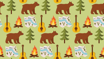 Camping theme seamless pattern with brown bear, campfire, road map, spruce tree and guitar on light green background in flat cartoon style. Cute nature design for textile and wrapping.