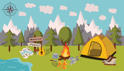 Summer camping horizontal scene with mountain landscape, forest, blue cloudy sky, tent, campfire, fish, map, guitar, hiking boots in flat cartoon style. Ideal for poster, card and outdoor projects.