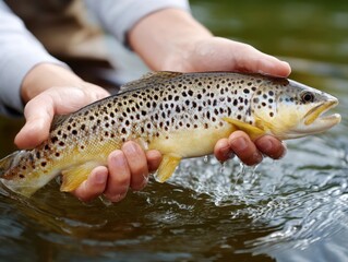 A person gently holds a spotted brown trout above clear water, preparing to release it back into its natural habitat.