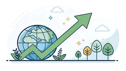 Green arrow indicating upward growth around the global sphere