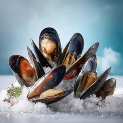 Fresh mussels on ice, displayed with their shells open, highlighting their orange flesh against a blue sky background.