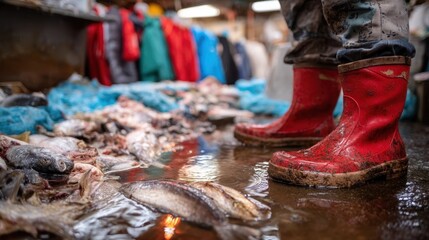 A fish market scene showing fresh fish on the wet floor and a person wearing red rubber boots standing nearby.