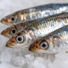 Fresh silver fish displayed on crushed ice, highlighting their shiny scales and clear eyes.