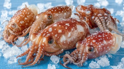 Small, reddish-brown cuttlefish with white spots rest on a bed of crushed ice.