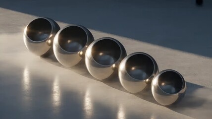 Five spherical voids characterized by their unfilled interiors positioned in a diagonal alignment upon a polished surface.
