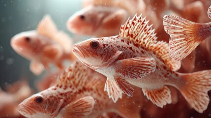 A close-up image of several red and white speckled fish swimming underwater with sharp spines and textured fins.