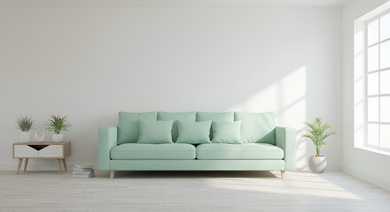 Minimalist Living Room Interior with Soft Green Sofa and Natural Light
