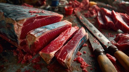 Freshly cut raw meat slices on a butcher"s table with knives, showcasing the texture and deep red color of the meat.
